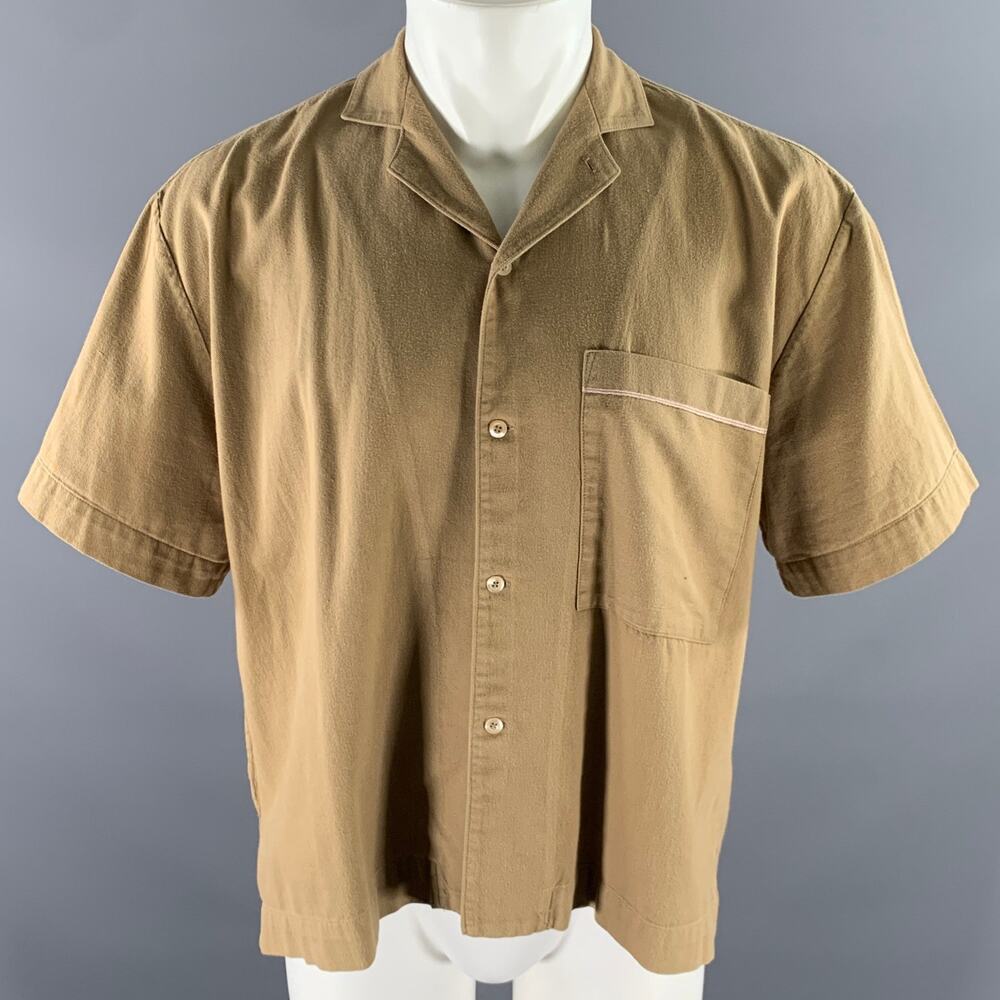 R. SWIADER Size S Camel Cotton Blend Cropped Camp Short Sleeve Shirt